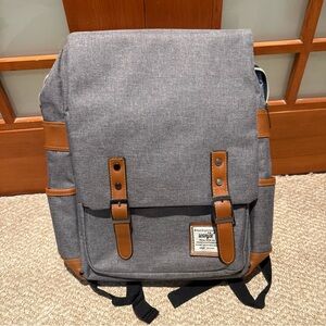 Wenjie Gray Canvas Backpack with Brown Faux Leather Accents, Laptop travel bag